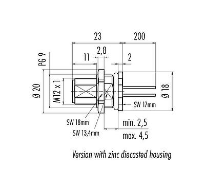 Scale drawing 76 0533 1011 00104-0200 - M12 Male panel mount connector, Contacts: 4, unshielded, single wires, IP68, UL, PG 9, front fastened