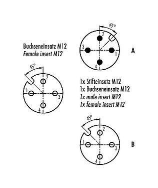 Contact arrangement (Plug-in side) 79 5254 190 04 - M12/M12 Twin distributor, T-distributor, male connector - 2 female connector, Contacts: 4, unshielded, pluggable, IP68, UL