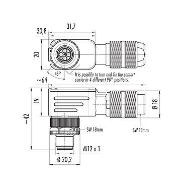 比例图 99 1433 820 04 - M12 弯角针头电缆连接器, 极数: 4, 5.0-8.0mm, 可接屏蔽, 压接（压接触点必须单独订购）, IP67, UL