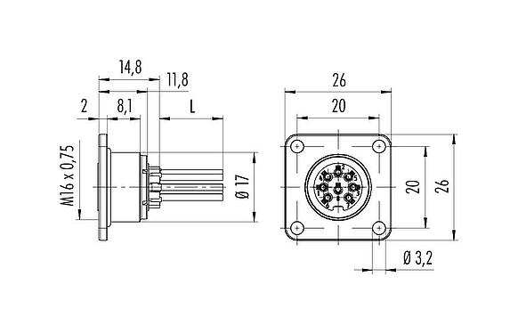 Scale drawing 09 0124 320 06 - M16 Female panel mount connector, Contacts: 6 (06-a), unshielded, single wires, IP67, UL