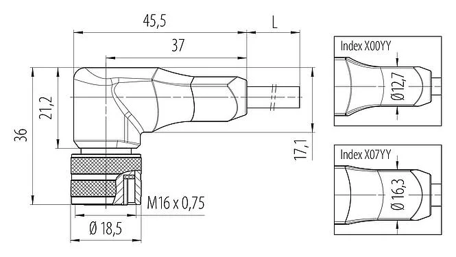 Scale drawing 77 6534 0000 50004-0200 - M16 Female angled connector, Contacts: 4, shielded, moulded on the cable, IP68, PUR, black, 4 x 0.34 mm², 2 m