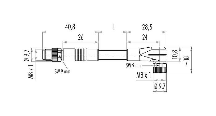 Scale drawing 77 3608 3405 50003-0200 - M8/M8 Connecting cable male cable connector - female angled connector with LED, Contacts: 3, unshielded, moulded on the cable, IP67, UL, PUR, black, 3 x 0.34 mm², with LED PNP, 2 m