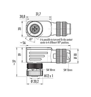 比例图 99 1526 824 04 - M12 弯角孔头电缆连接器, 极数: 4, 4.0-6.0mm, 可接屏蔽, 笼式弹簧, IP67