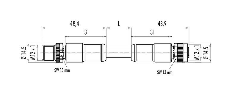 Scale drawing 77 2530 2529 50705-0100 - M12/M12 Male cable connector - female cable connector, Contacts: 5, shielded, moulded on the cable, IP68, UL, CAN-Bus, PUR, violet, 1 x 2 x AWG 22 + 1 x 2 x AWG 24, 1 m