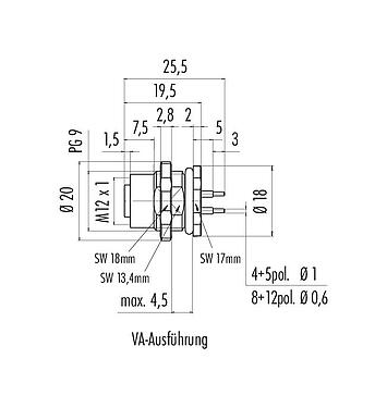 Scale drawing 86 2532 1100 00004 - M12 Female panel mount connector, Contacts: 4, unshielded, THT, IP68, UL, PG 9, front fastened, stainless steel