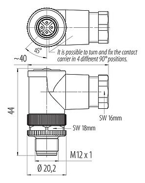 比例图 99 0429 145 04 - M12 弯角针头电缆连接器, 极数: 4, 6.0-8.0mm, 非屏蔽, 螺钉接线, IP67, UL