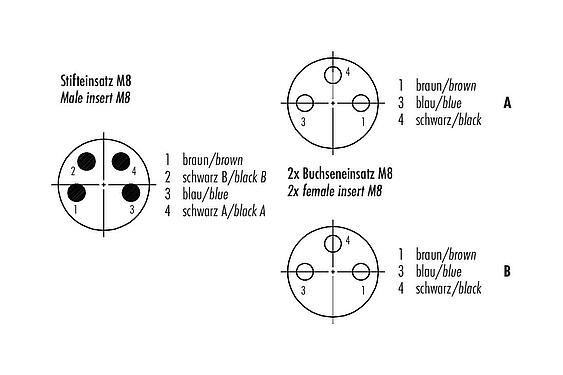 Contact arrangement (Plug-in side) 77 9805 3406 50003-0100 - M8/M8,M8 male duo connector - 2 female cable connectors, Contacts: 4/3, unshielded, moulded on the cable, IP67, PUR, black, 3 x 0.34 mm², 1 m