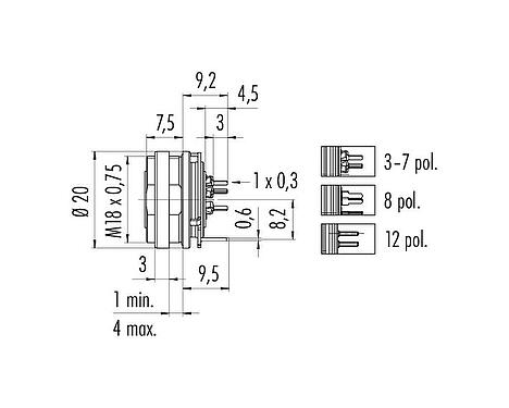 Scale drawing 09 0108 290 03 - M16 Female panel mount connector, Contacts: 3 (03-a), shieldable, THT, IP67, UL 2238, M18x0,75, Rear mounting