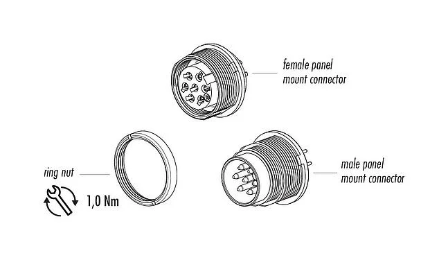 Component part drawing 09 0308 99 03 - M16 Female panel mount connector, Contacts: 3 (03-a), unshielded, THT, IP40, front fastened