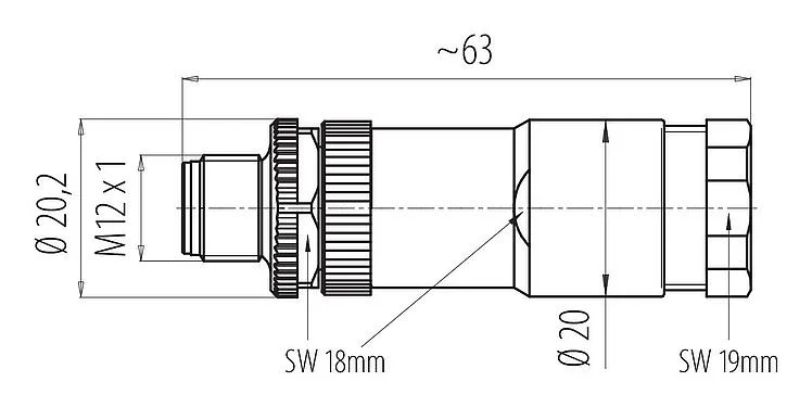 比例图 99 0487 186 08 - M12 双出口针头电缆连接器, 极数: 8, 2x电缆Ø2.1-3.0mm或 Ø4.0-5.0mm, 非屏蔽, 螺钉接线, IP67, UL