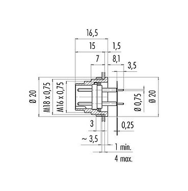 Scale drawing 09 0473 65 08 - M16 Male panel mount connector, Contacts: 8 (08-a), unshielded, THT, IP40, front fastened