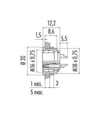 比例图 09 0304 00 02 - M16 孔头法兰座, 极数: 2 (02-a), 非屏蔽, 焊接, IP40