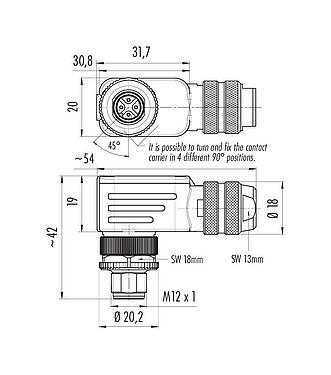 Scale drawing 99 1429 824 04 - M12 Male angled connector, Contacts: 4, 4.0-6.0 mm, shieldable, screw clamp, IP67, UL