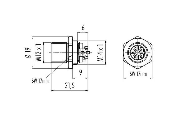 比例图 99 4431 401 04 - M12 针头法兰座, 极数: 4, 可接屏蔽, SMT, IP67