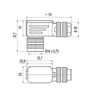 比例图 99 5114 750 05 - M16 弯角孔头电缆连接器, 极数: 5 (05-a), 4.0-6.0mm, 可接屏蔽, 压接（压接触点必须单独订购）, IP67, UL