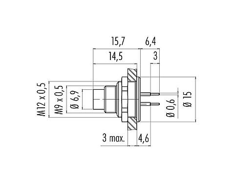 Scale drawing 09 0415 90 05 - M9 Male panel mount connector, Contacts: 5, unshielded, THT, IP67, front fastened