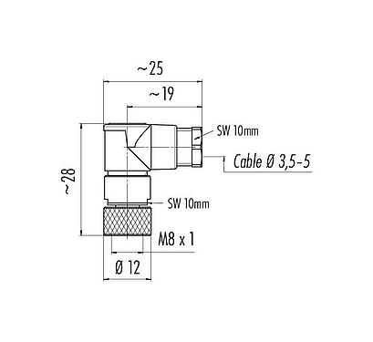 比例图 99 3378 00 04 - M8 弯角孔头电缆连接器, 极数: 4, 3.5-5.0mm, 非屏蔽, 焊接, IP67, UL