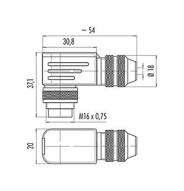 Scale drawing 99 5117 75 05 - M16 Male angled connector, Contacts: 5 (05-b), 4.0-6.0 mm, shieldable, solder, IP67, UL