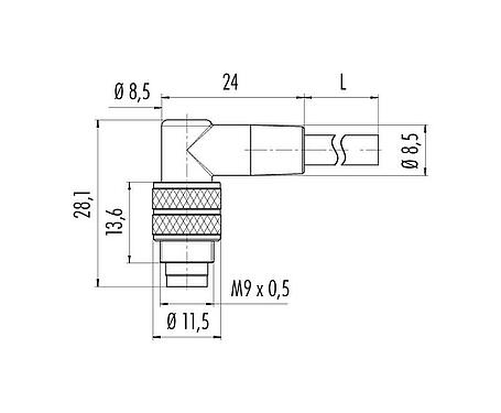 比例图 79 1455 272 05 - M9 弯角针头电缆连接器, 极数: 5, 非屏蔽, 预铸电缆, IP67, PUR, 黑色, 5x0.25mm², 2m