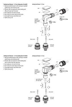 装配说明 99 1434 824 04 - M12 弯角孔头电缆连接器, 极数: 4, 6.0-8.0mm, 可接屏蔽, 压接（压接触点必须单独订购）, IP67, UL