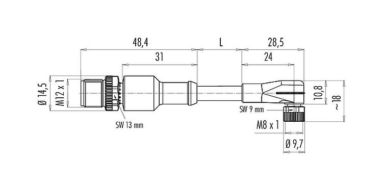 Scale drawing 77 3608 3429 50003-0100 - M12/M8 Male cable connector - female angled connector, Contacts: 3, unshielded, moulded on the cable, IP67, PUR, black, 3 x 0.25 mm², with LED PNP, 1 m