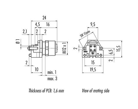 Scale drawing 99 3732 201 04 - M12 Female panel mount connector, Contacts: 4, shieldable, THR, IP67, UL, M12x1.0