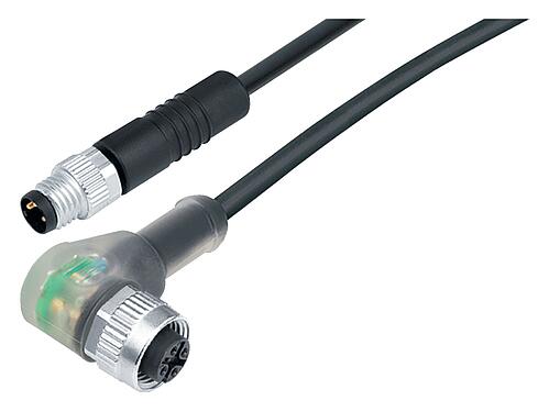 Illustration 77 3634 3405 50004-0200 - M12/M8 Male cable connector - female angled connector, Contacts: 4, unshielded, moulded on the cable, IP67, PUR, black, 4 x 0.25 mm², with LED PNP, 2 m