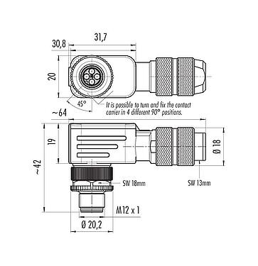 比例图 99 1433 824 04 - M12 弯角针头电缆连接器, 极数: 4, 5.0-8.0mm, 可接屏蔽, 压接（压接触点必须单独订购）, IP67, UL