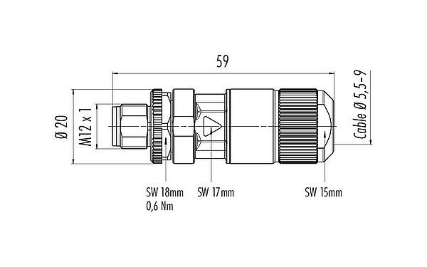 比例图 99 3787 810 08 - M12 直头针头电缆连接器, 极数: 8, 5.5-9.0mm, 可接屏蔽, IDC, IP67