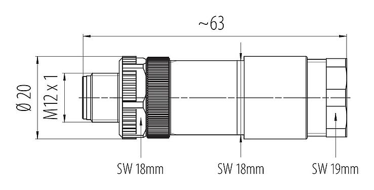 比例图 99 0437 142 05 - M12 双出口针头电缆连接器, 极数: 5, 2x电缆Ø2.1-3.0mm或 Ø4.0-5.0mm, 非屏蔽, 螺钉接线, IP67, UL