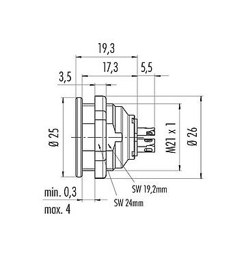 Scale drawing 09 4816 15 05 - Push Pull Female panel mount connector, Contacts: 5, unshielded, solder, IP67