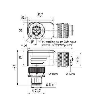 比例图 99 1437 822 05 - M12 弯角针头电缆连接器, 极数: 5, 6.0-8.0mm, 可接屏蔽, 螺钉接线, IP67, UL