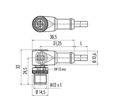 Scale drawing 77 3427 0000 80005-1000 - M12 Male angled connector, Contacts: 5, unshielded, moulded on the cable, IP69K, UL, PUR, orange, 5 x 0.34 mm², for welding applications, 10 m