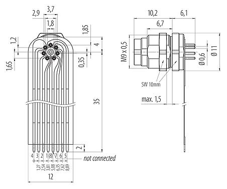 Connection & dimensions 09 0477 65 07 - M9 Male panel mount connector, Contacts: 7, unshielded, THT, IP40