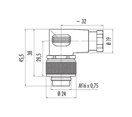 比例图 99 0495 75 24 - M16 弯角针头电缆连接器, 极数: 24, 6.0-8.0mm, 非屏蔽, 焊接, IP67