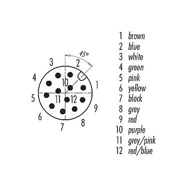 Contact arrangement (Plug-in side) 77 3429 0000 20712-0500 - M12 Male cable connector, Contacts: 12, unshielded, moulded on the cable, IP69K, UL, PVC, grey, 12 x 0.25 mm², 5 m