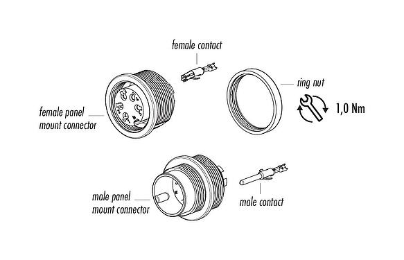 Component part drawing 09 0328 700 07 - M16 Female panel mount connector, Contacts: 7 (07-a), unshielded, crimping (Crimp contacts must be ordered separately), IP40