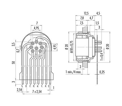 Connection & dimensions 09 0174 65 08 - M16 Female panel mount connector, Contacts: 8 (08-a), unshielded, THT, IP68, front fastened