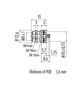 比例图 86 6618 1120 00006 - M8 孔头法兰座, 极数: 6, 可接屏蔽, THT, IP67, UL, M10x0.75, 板前固定