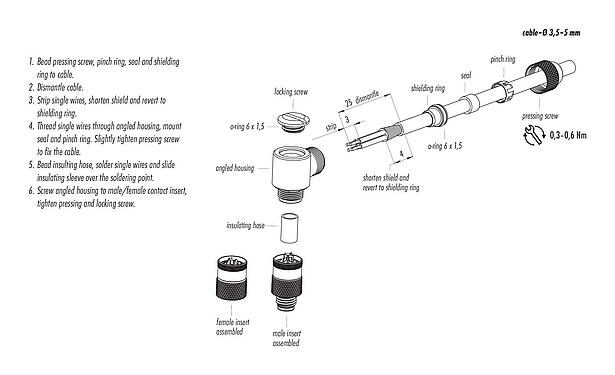 装配说明 99 3367 00 04 - M8 弯角针头电缆连接器, 极数: 4, 3.5-5.0mm, 可接屏蔽, 焊接, IP67, UL