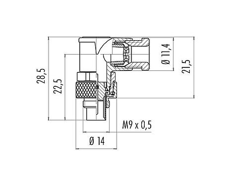 比例图 99 0413 70 05 - M9 弯角针头电缆连接器, 极数: 5, 3.5-5.0mm, 非屏蔽, 焊接, IP67