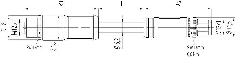 Scale drawing 77 4506 4505 90708-0200 - M12/M12 Connecting cable male cable connector - female cable connector, Contacts: 8, shielded, moulded on the cable, IP67, M12x1.0, E-beam X-FRNCL/LSNH, blue, 2 m