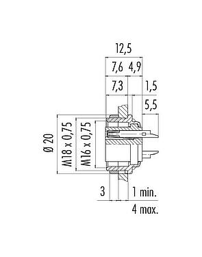 Scale drawing 09 0308 80 03 - M16 Female panel mount connector, Contacts: 3 (03-a), unshielded, solder, IP40, front fastened