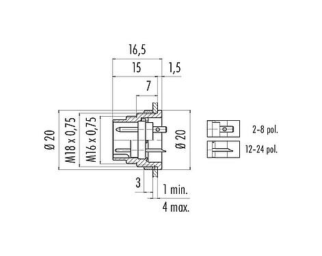 Scale drawing 09 0315 80 05 - M16 Male panel mount connector, Contacts: 5 (05-a), unshielded, solder, IP40, front fastened