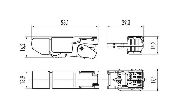 比例图 99 9687 814 08 - RJ45 针头连接器, 极数: 8, 5.0-9.0mm, 可接屏蔽, 穿刺技术, IP20, UL