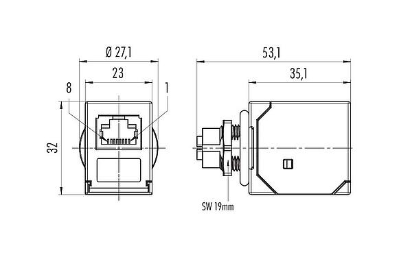 比例图 09 5287 00 08 - M12 用于穿控制柜, 孔头连接器-RJ45 直角, 极数: 8, 屏蔽, 插拔式, IP67, UL