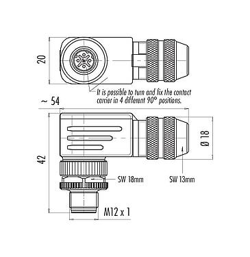 比例图 99 3729 820 04 - M12 弯角针头电缆连接器, 极数: 4, 6.0-8.0mm, 可接屏蔽, 螺钉接线, IP67, UL