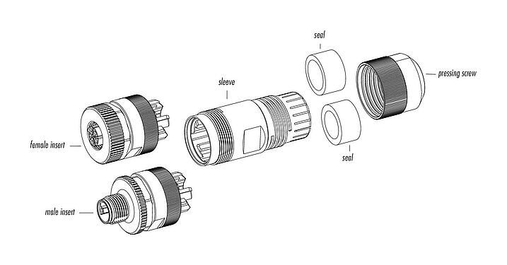 组件图纸 99 0639 29 05 - M12 直头针头电缆连接器, 极数: 4+FE, 8.0-13.0mm, 非屏蔽, 螺钉接线, IP67, UL, M12x1.0