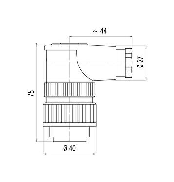 比例图 99 0709 70 05 - RD30 弯角针头电缆连接器, 极数: 4+PE, 10.0-12.0mm, 非屏蔽, 螺钉接线, IP65, ESTI+, VDE