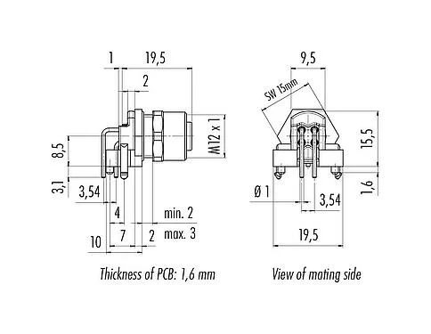 Scale drawing 99 4442 202 05 - M12 Female panel mount connector, Contacts: 5, unshielded, THR, IP68, UL, two-part design